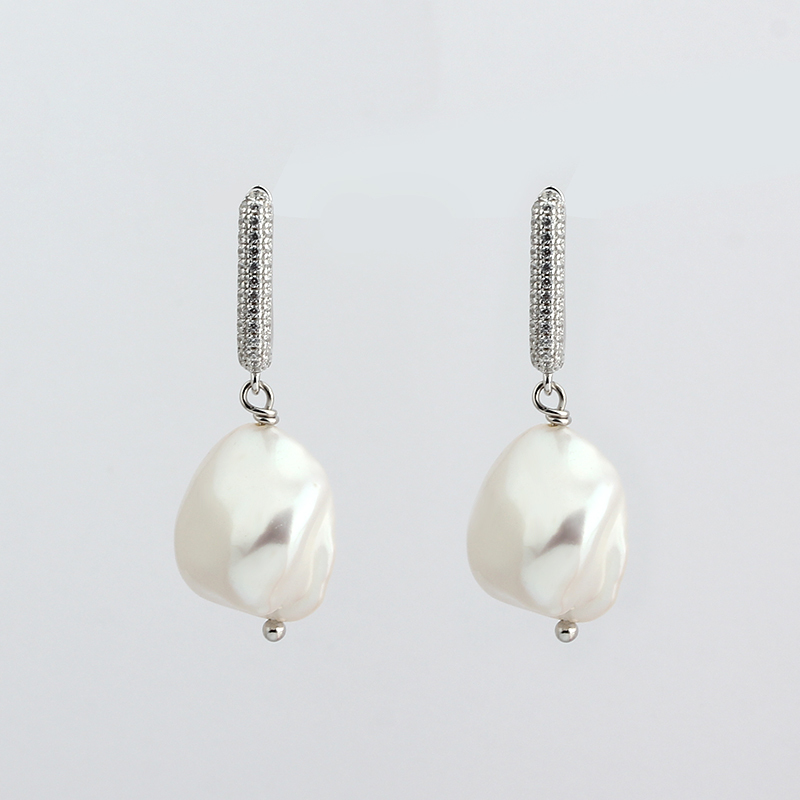 925 Sterling Silver Baroque Pearl With CZ Hoop Earrings