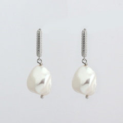925 Sterling Silver Baroque Pearl With CZ Hoop Earrings