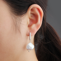 925 Sterling Silver Baroque Pearl With CZ Hoop Earrings