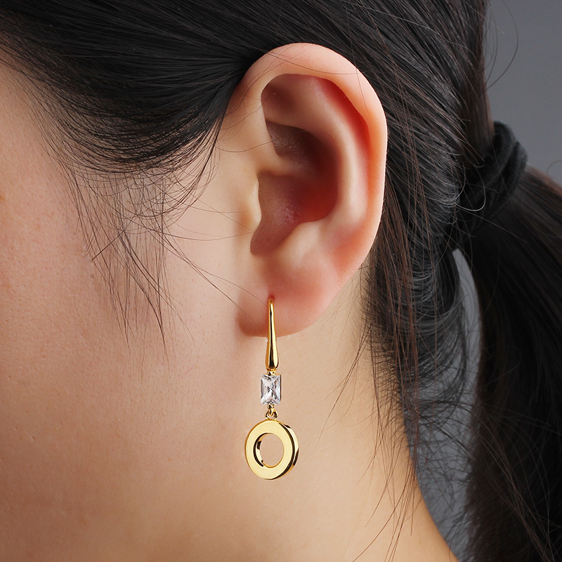 925 Sterling Silver Baguette with Shiny Circle Hook Earrings