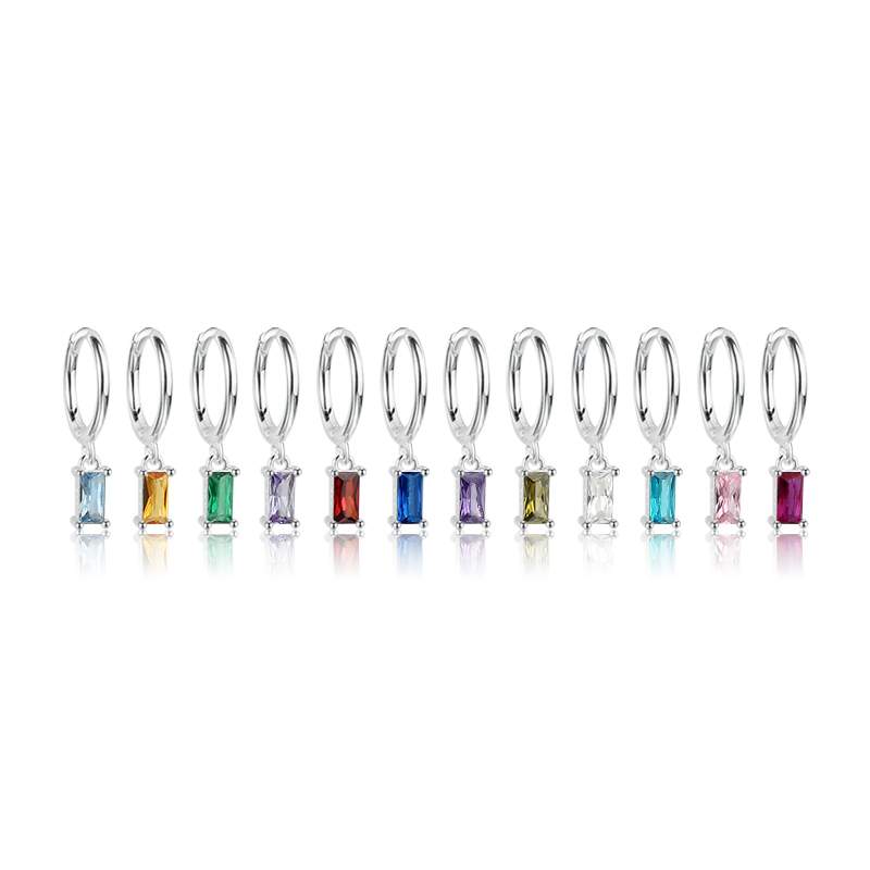 925 Sterling Silver Birthstone Baguette Earring Hoop