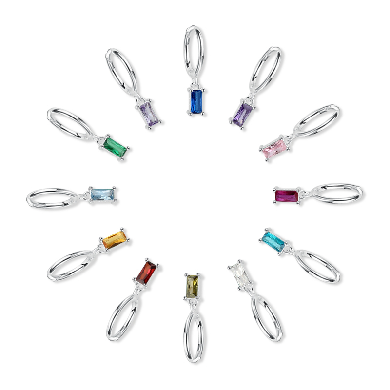 925 Sterling Silver Birthstone Baguette Earring Hoop