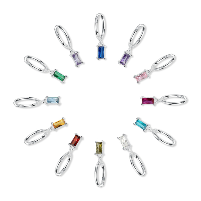 925 Sterling Silver Birthstone Baguette Earring Hoop