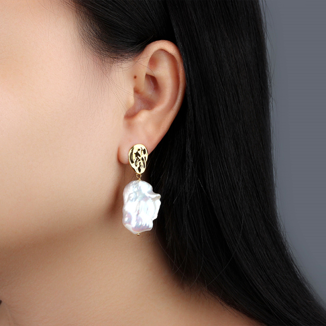 925 Sterling Silver Baroque Pearl with Irregular Surface Earring