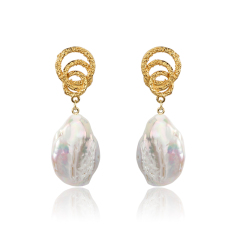 925 Sterling Silver Raised hammered Baroque Pearl Earring Studs