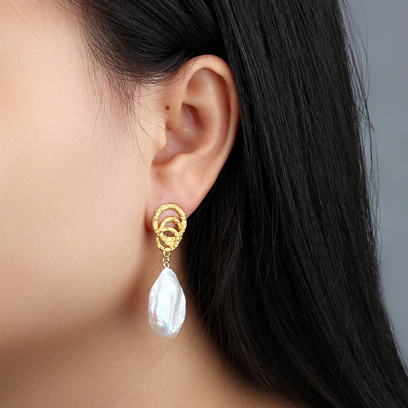 925 Sterling Silver Raised hammered Baroque Pearl Earring Studs