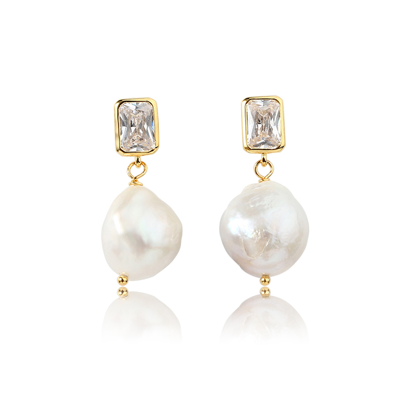 925 Sterling Silver CZ  Baroque Pearl Earring Studs