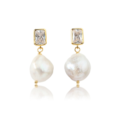 925 Sterling Silver CZ  Baroque Pearl Earring Studs
