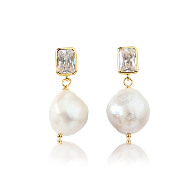 925 Sterling Silver CZ  Baroque Pearl Earring Studs