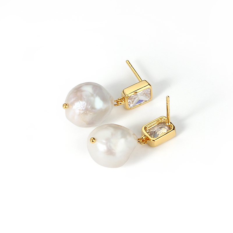 925 Sterling Silver CZ  Baroque Pearl Earring Studs