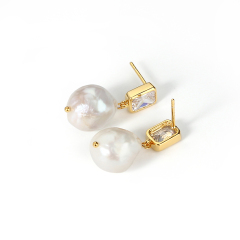 925 Sterling Silver CZ  Baroque Pearl Earring Studs