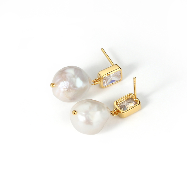 925 Sterling Silver CZ  Baroque Pearl Earring Studs