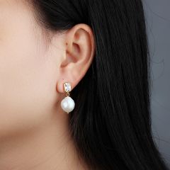 925 Sterling Silver CZ  Baroque Pearl Earring Studs