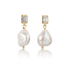 925 Sterling Silver CZ  Baroque Pearl Earring Studs