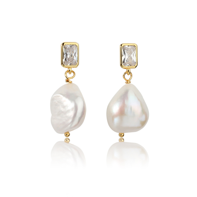 925 Sterling Silver CZ  Baroque Pearl Earring Studs