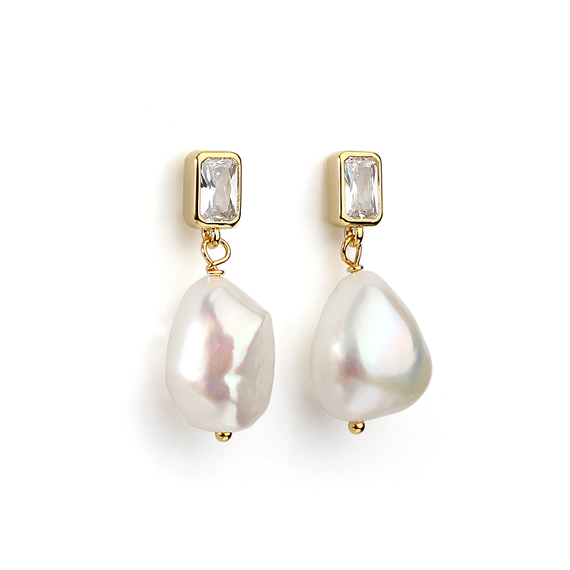 925 Sterling Silver CZ  Baroque Pearl Earring Studs