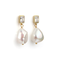 925 Sterling Silver CZ  Baroque Pearl Earring Studs