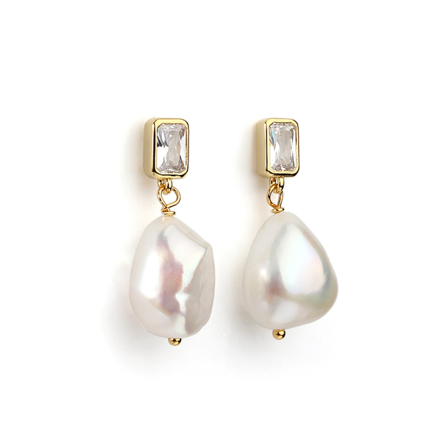 925 Sterling Silver CZ  Baroque Pearl Earring Studs