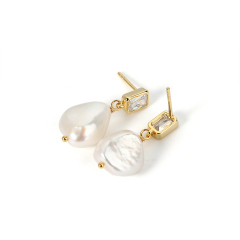 925 Sterling Silver CZ  Baroque Pearl Earring Studs
