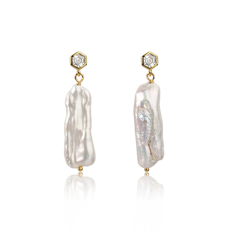 925 Sterling Silver Hexagon CZ with Baroque Pearl Earring
