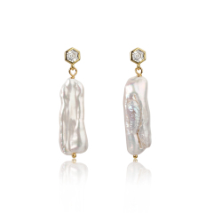 925 Sterling Silver Hexagon CZ with Baroque Pearl Earring