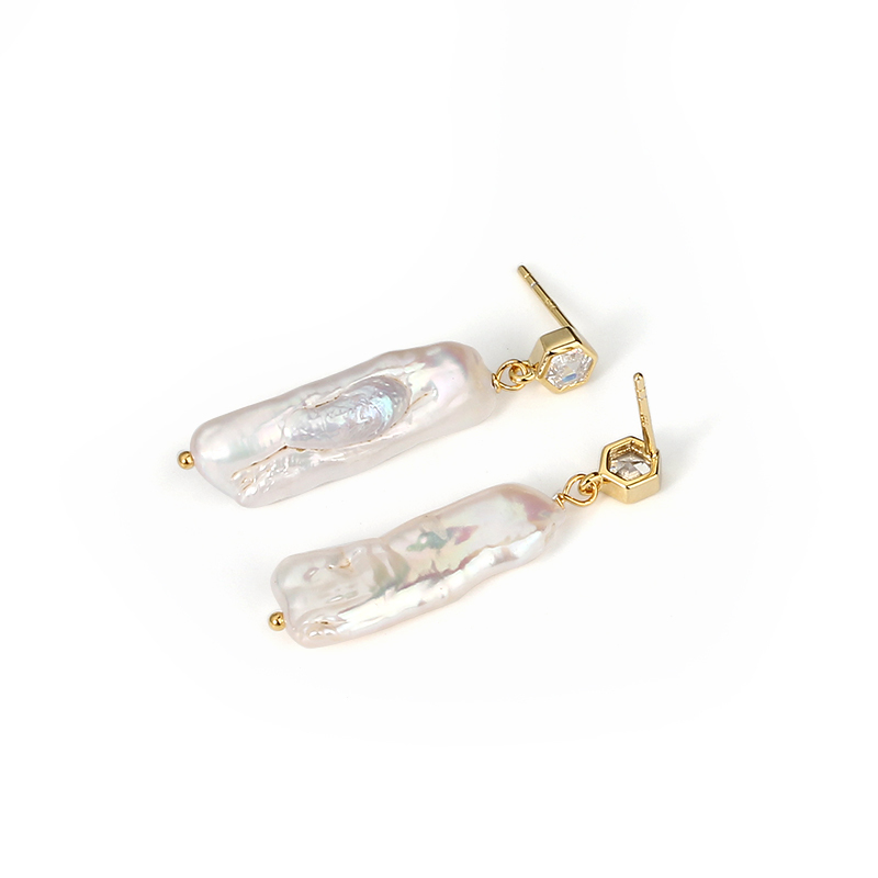 925 Sterling Silver Hexagon CZ with Baroque Pearl Earring