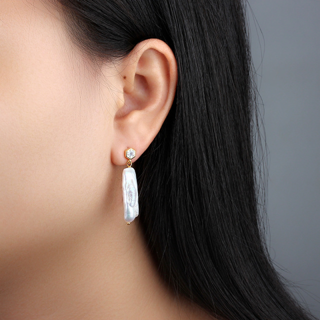 925 Sterling Silver Hexagon CZ with Baroque Pearl Earring