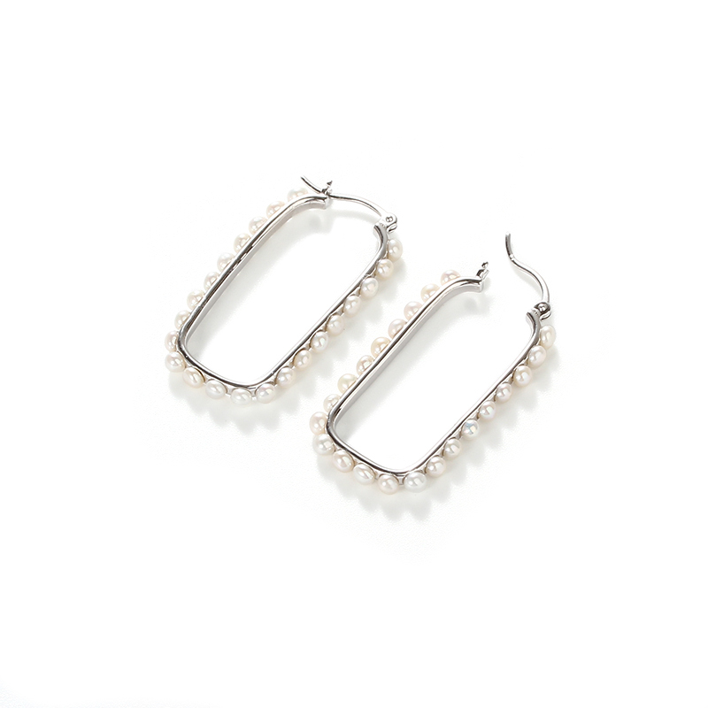 925 Sterling Silver Rectangle Pearl Huggie Earring New