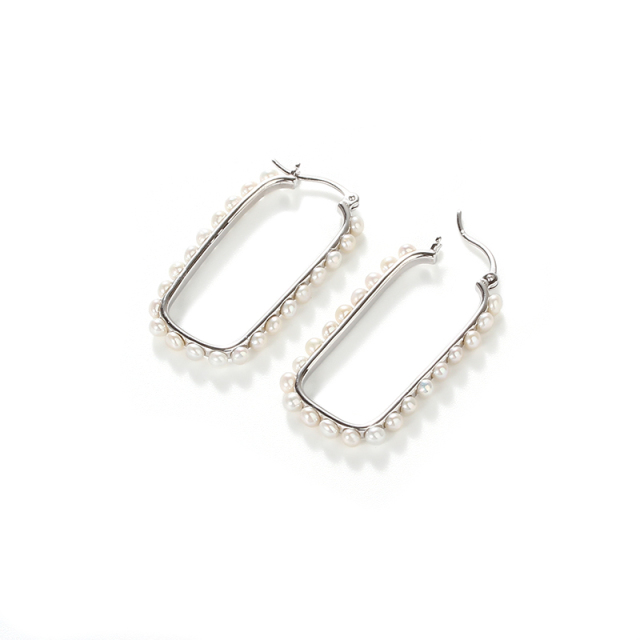 925 Sterling Silver Rectangle Pearl Huggie Earring New
