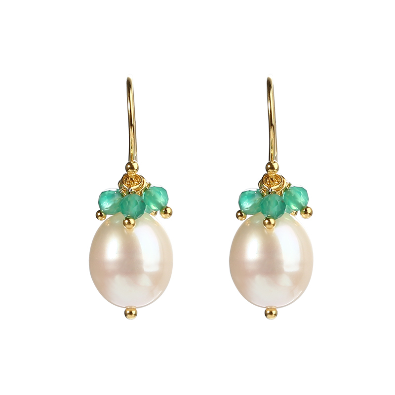 925 Sterling Silver Green Agate&amp;Moonstone Pearl Earring Hook
