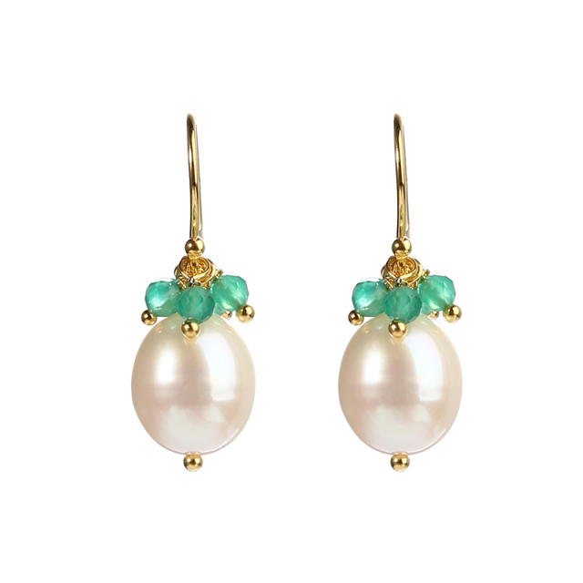 925 Sterling Silver Green Agate&amp;Moonstone Pearl Earring Hook