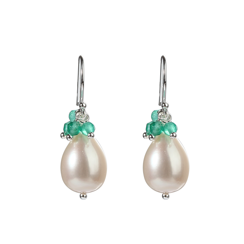925 Sterling Silver Green Agate&amp;Moonstone Pearl Earring Hook