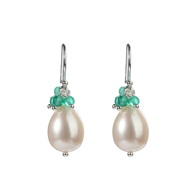 925 Sterling Silver Green Agate&amp;Moonstone Pearl Earring Hook