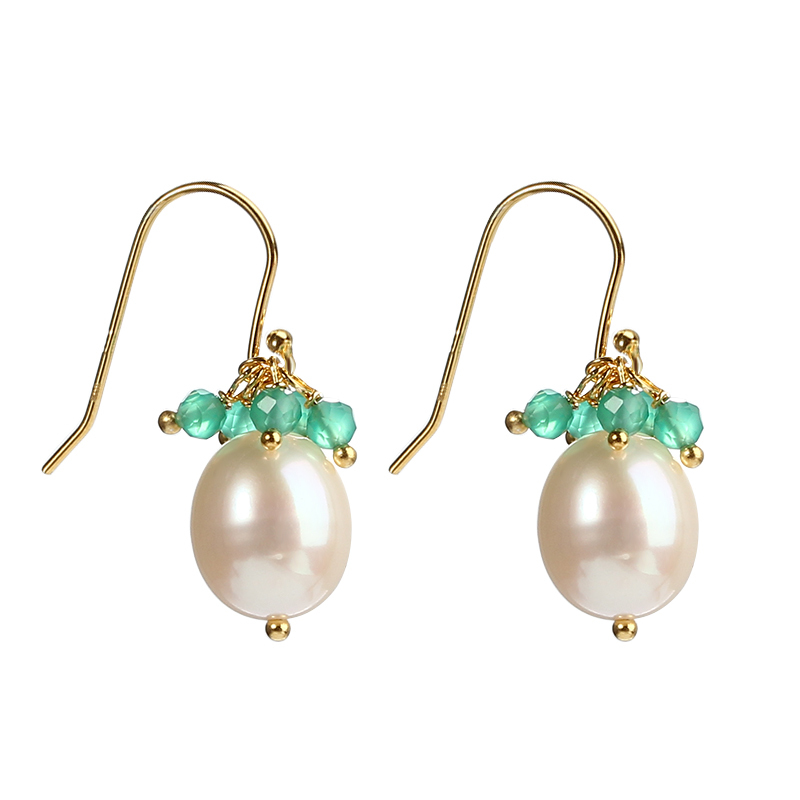 925 Sterling Silver Green Agate&amp;Moonstone Pearl Earring Hook