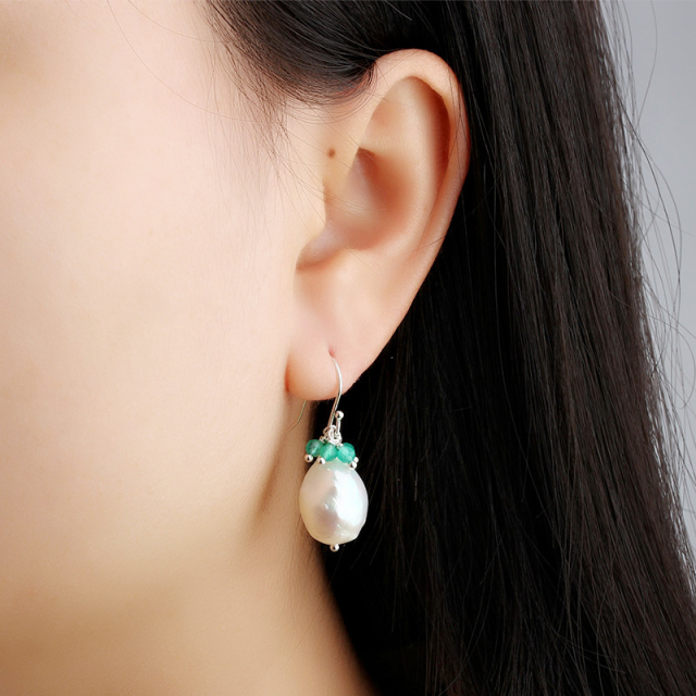 925 Sterling Silver Green Agate&amp;Moonstone Pearl Earring Hook