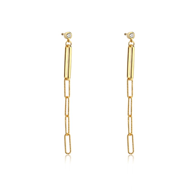 925 Sterling Silver CZ Long Link Chain Earring Studs