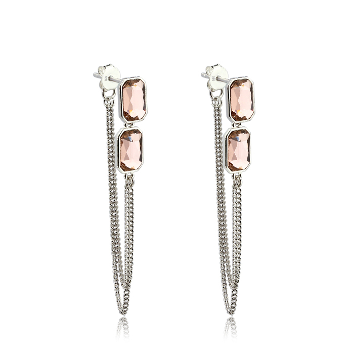 925 Sterling Silver Square Crystal Tassel Chain Earring Studs