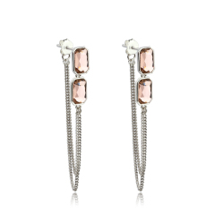 925 Sterling Silver Square Crystal Tassel Chain Earring Studs
