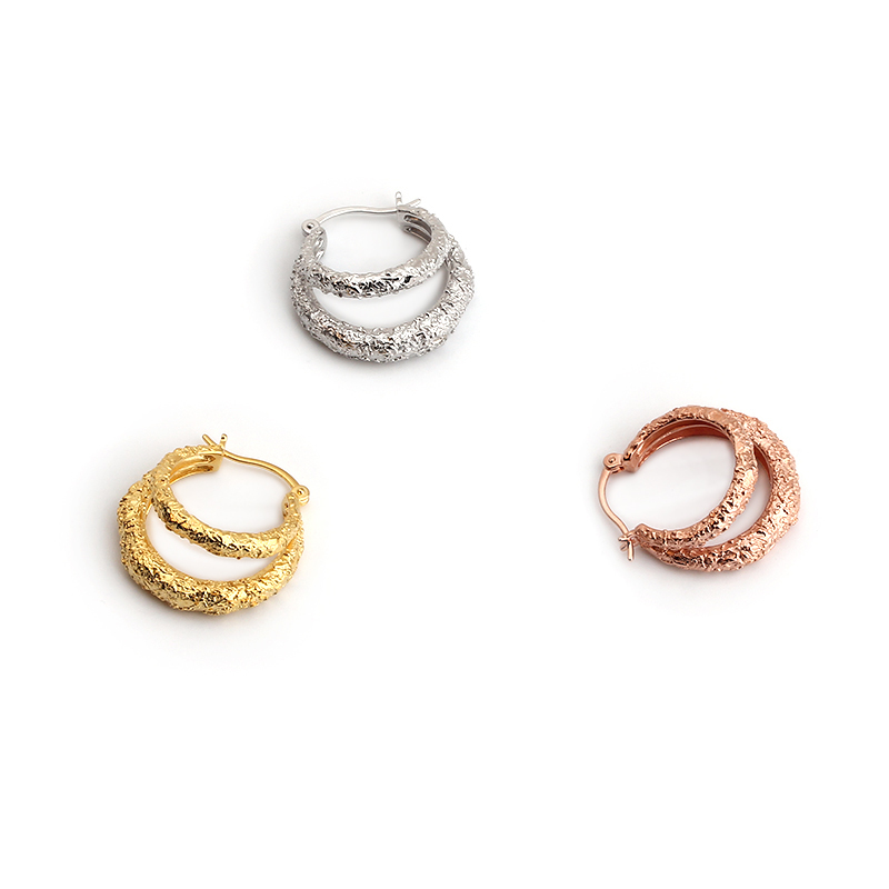 925 Sterling Silver Two Layer Circle Hammered Huggie Hoop Earrings