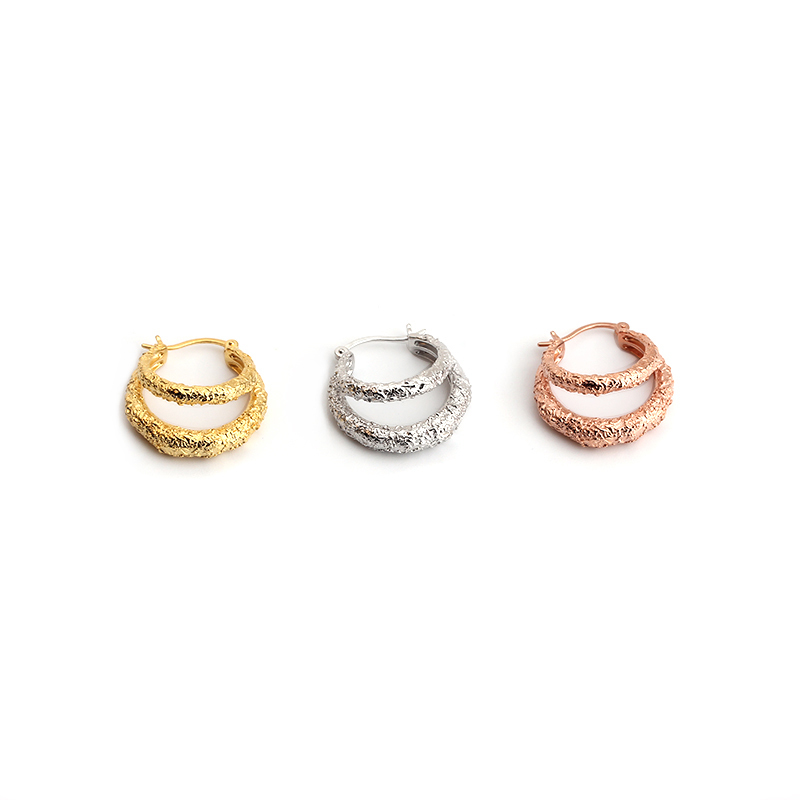 925 Sterling Silver Two Layer Circle Hammered Huggie Hoop Earrings