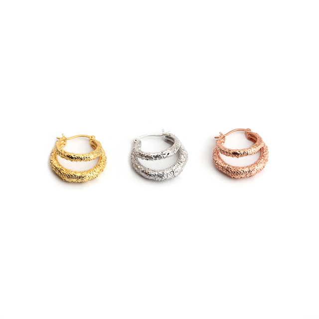 925 Sterling Silver Two Layer Circle Hammered Huggie Hoop Earrings