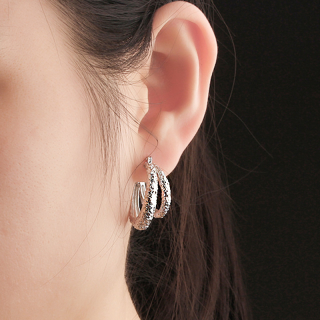 925 Sterling Silver Two Layer Circle Hammered Huggie Hoop Earrings