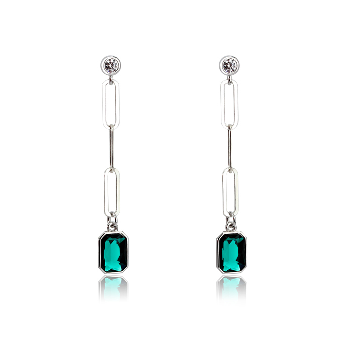 925 Sterling Silver Long Link Chain Crystal Charm Earrings Drop