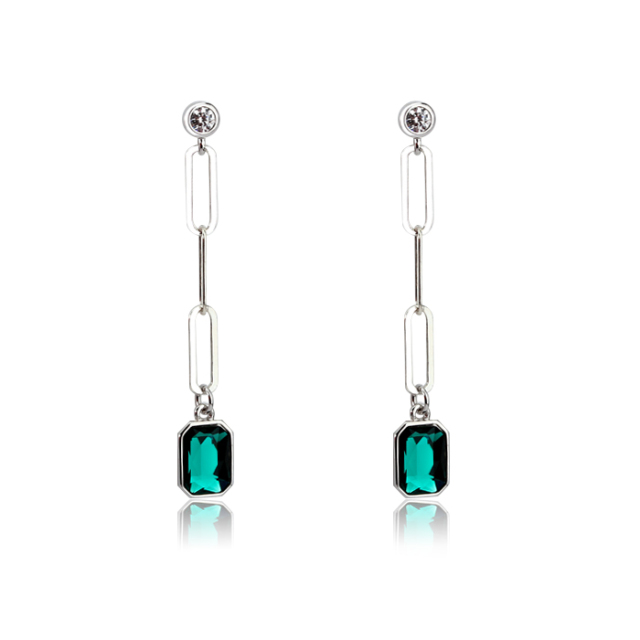 925 Sterling Silver Long Link Chain Crystal Charm Earrings Drop