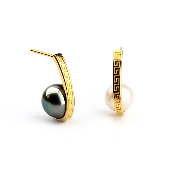 925 Sterling Silver Greek Lucky Key New Fashion Pearl Earrings Stud