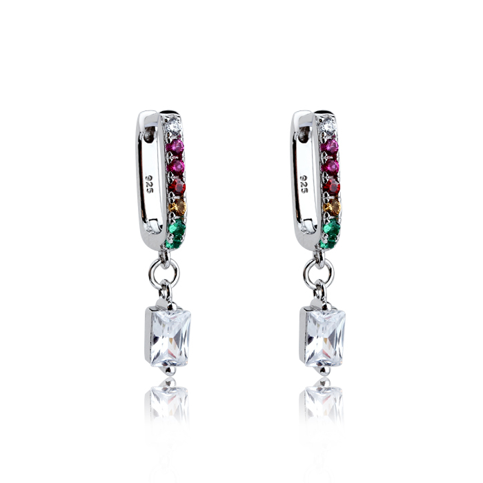 925 Sterling Silver Rainbow Color Zirconia Earring Hoop