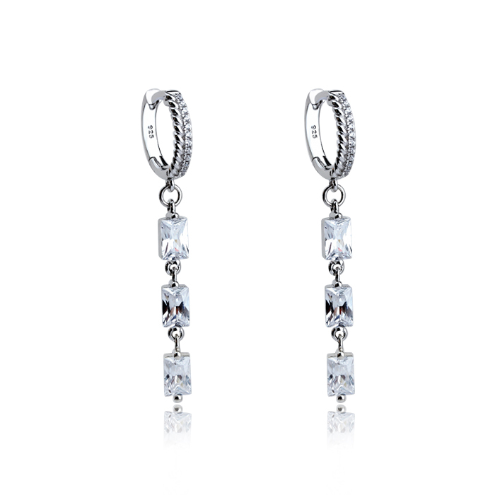 925 Sterling Silver Drop Square Cubic Zirconia Earring Hoop