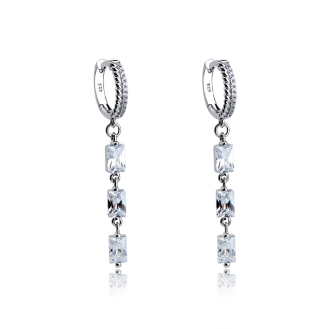 925 Sterling Silver Drop Square Cubic Zirconia Earring Hoop