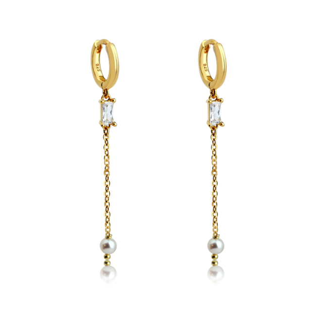 925 Sterling Silver Hot Sale Droping Zirconia And Pearl Earring Hoop