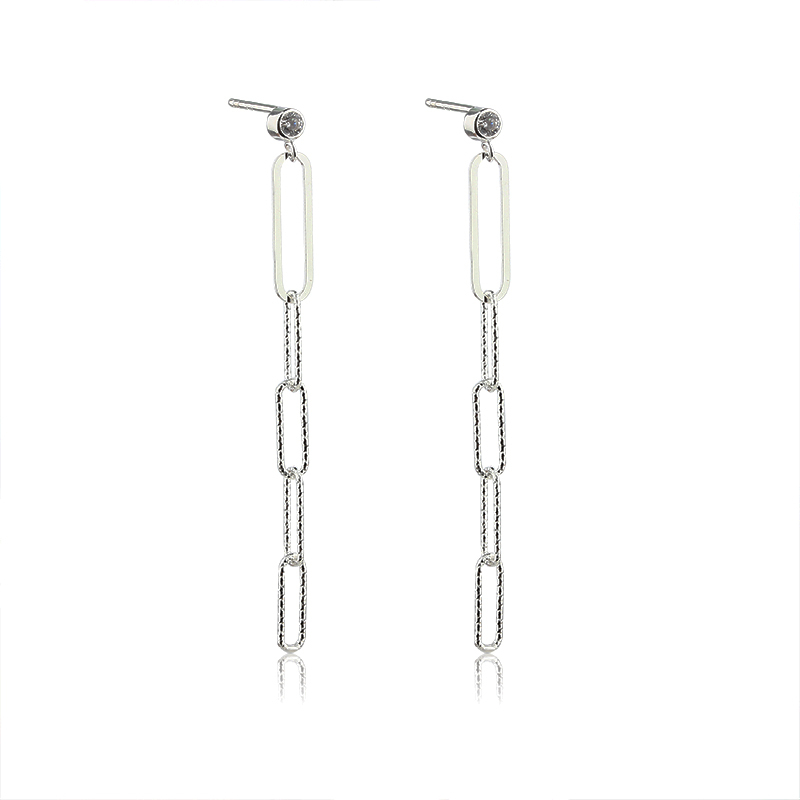 925 Sterling Silver Long Link Chain Earrings Studs
